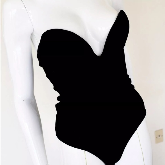 Black velvet bodysuit romper onesie sexy strapless corset lace up jumpsuit rave - Picture 2 of 6